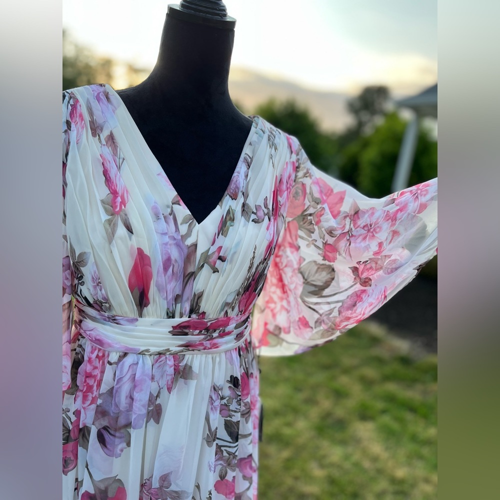 Adrianna papell flutter sleeve chiffon maxi dress floral evening gown - Picture 3 of 14